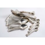 ANTIQUE IRISH HOURGLASS PATTERN FLATWARE:- Ten table forks, nine dessert spoons, four tea spoons &