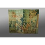 A TAPESTRY,  POSSIBLY MORTLAKE  now mounted as a four fold screen, woven with Aurora in a goose