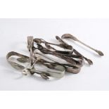 TEN VARIOUS PAIRS OF SUGAR TONGS & a plated pair;  12.25 oz weighable silver  (11)