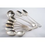 A SET OF SIX GEORGE III OLD ENGLISH PATTERN TABLE SPOONS a soup ladle & a pair of basting spoons,