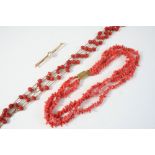 A CHILD'S THREE ROW CORAL NECKLACE 28cm. long, 27 grams, together with a coral bead necklace, and