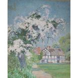 •JOHN McDOUGAL (1851-1945) BLOSSOM TIME IN A COTTAGE GARDEN Signed in pencil, watercolour 47.5 x
