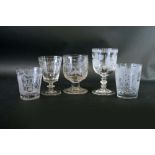 A COLLECTION OF THREE MASONIC GLASSES a goblet monogrammed and dated 1847, another initialled J.