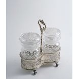 A VICTORIAN PICKLE STAND fitted with two cut-glass jars & stoppers, maker's mark "TB&S" (incuse),