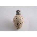 A VICTORIAN PORCELAIN SCENT BOTTLE the body in the form of an egg, silvered metal owl's head top