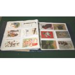 POSTCARD ALBUM with various cards including silk WW1 cards, Birthday and Greetings Cards, Actresses,