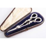 A PAIR OF VICTORIAN GRAPE SHEARS with reeded vine tendril handles & a vine leaf & grapes boss, by