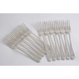 A SET OF SIX MODERN THREE-PRONG TABLE FORKS  and six three-prong dessert forks to match, by