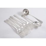 A SET OF FIVE GEORGE III TABLE FORKS single-struck Bead pattern, by Messrs. Eley, Fearn & Chawner,