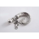 A LATE VICTORIAN SCENT BOTTLE  in the form of a small curly ram's horn, suspensory chain & screwcap,