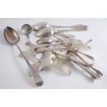 MIXED FLATWARE: A George III Old English pattern basting spoon, initialled, four George III table