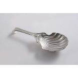 A GEORGE III CADDY SPOON with a scallop-shell bowl & a "hooked" terminal, by H. Tudor & T. Leader,