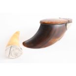A 19TH CENTURY SNUFF MULL made from halve half a cow's hoof and a mounted whale's tooth snuff mull