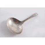 A GEORGE III BRIGHT-ENGRAVED CADDY SPOON with an oval bowl, the cartouche initialled "S.S" &