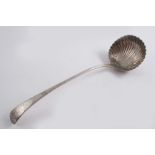 BY HESTER BATEMAN: A George III Feather edge pattern soup ladle with a fluted circular bowl,