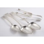 A SMALL MIXED LOT OF FLATWARE: A pair of George III Fiddle basting spoons and a table spoon, crested