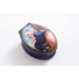 A 19TH CENTURY SMALL GILT-METAL MOUNTED ENAMELLED COPPER BOX, oval with "A Lawyer and his Agent"