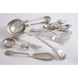 MISCELLANEOUS FLATWARE & CUTLERY: A William IV Fiddle & Shell pattern soup ladle, crested, four