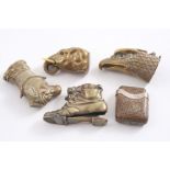 FOUR VARIOUS BRASS VESTA CASES  (one incomplete) and a mounted snakeskin vesta case by Henry Turner,