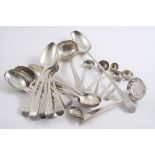 OLD ENGLISH PATTERN FLATWARE: Five George III table spoons, seven George III-Victorian dessert