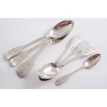 REGIMENTAL INTEREST: A pair of George IV Fiddle pattern table spoons & three dessert spoons, each