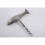 A MOUNTED STEEL NOVELTY CORKSCREW with a cast salmon handle, textured to simulate scale & fin