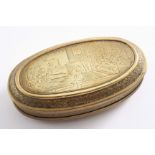 AN 18TH CENTURY DUTCH ENGRAVED BRASS TOBACCO BOX oval with a scene from King Solomon's Court on