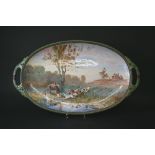 LARGE MINTON TRAY - EDOUARD RISCHGITZ painted with a Hunting scene in a landscape, signed by Edouard