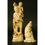 A JAPANESE IVORY CARVED FIGURE of a man with child and cockerel 8" (20 cms) and a figure of a seated
