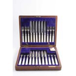 AN EDWARDIAN CASED SET OF TWELVE PAIRS OF FRUIT/DESSERT KNIVES & FORKS with mother of pearl handles,