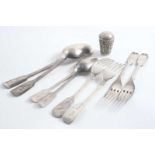 YORK-MADE FIDDLE FLATWARE INCLUDING: One table fork, two table spoons & two dessert spoons,