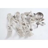A MIXED LOT OF FLATWARE: Five various antique table forks, eight various condiment spoons, six