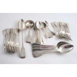A COLLECTED OR HARLEQUIN PART SERVICE OF FIDDLE PATTERN FLATWARE: Eight table spoons, ten table
