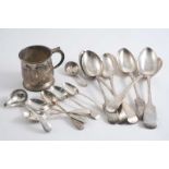 SIX VARIOUS FIDDLE PATTERN TABLE SPOONS & five tea spoons, initialled, a George III caddy spoon &