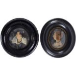 TWO WAX PORTRAITS each of a lady in 16th century costume, head & shoulders, 19th century;  approx.