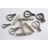 SIX VARIOUS STEEL FOLDING "BOW" CORKSCREWS and five various metal pocket corkscrews of double