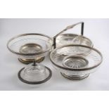A PAIR OF EARLY 20TH CENTURY FRENCH MOUNTED CUT-GLASS DESSERT DISHES on circular pedestal bases, a