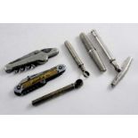 THREE VARIOUS METAL POCKET CORKSCREWS with tubular guards, another T-shaped, plated example, a