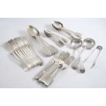A LATE VICTORIAN PART CANTEEN OF FIDDLE PATTERN FLATWARE INCLUDING: Six table spoons, twelve table