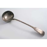 A WILLIAM IV IRISH SOUP LADLE Fiddle pattern, maker's mark worn, Dublin 1835;  14"  (36 cms)