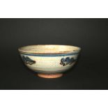 ST IVES STUDIO POTTERY BOWL a stoneware bowl with a celadon glaze and painted sprigs of leaves on