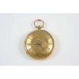 AN 18CT. GOLD OPEN FACED POCKET WATCH the gold dial engraved with a lakeside scene and with Roman