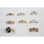 EIGHT ASSORTED GOLD AND GEM SET RINGS including a diamond ring, set in 18ct. white gold, a ruby
