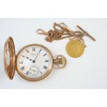 A 9CT. GOLD HALF HUNTING CASED POCKET WATCH BY WALTHAM the signed white enamel dial with Roman