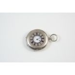 A SILVER HALF HUNTING CASED POCKET WATCH the white enamel dial with Roman numerals, cylinder,