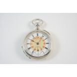 A HEAVY SILVER OPEN FACED POCKET WATCH BY A.W. CO. WALTHAM the white enamel dial with Roman numerals