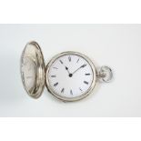 A SILVER FULL HUNTING CASED POCKET WATCH the white enamel dial with Roman numerals, the gilt metal