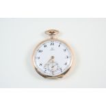 A SILVER OPEN FACED POCKET WATCH BY OMEGA the signed white enamel dial with Arabic numerals and