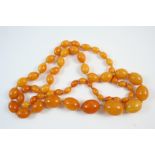A SINGLE ROW GRADUATED AMBER BEAD NECKLACE 96cm. long, 84 grams.
