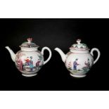 TWO 18THC WORCESTER TEAPOTS both of globular form with flower finials and painted with panels of